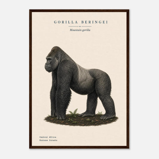 Affiche Gorille naturaliste portrait encadrée en bois naturel — portrait du gorille, mise en situation murale