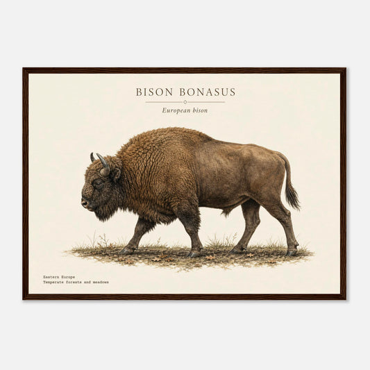 Affiche Bison d'Europe naturaliste paysage encadrée en bois blanc — illustration du bison d'Europe, mise en situation murale