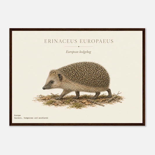 Affiche Hérisson d'Europe naturaliste paysage encadrée en bois foncé — illustration du hérisson, mise en situation murale