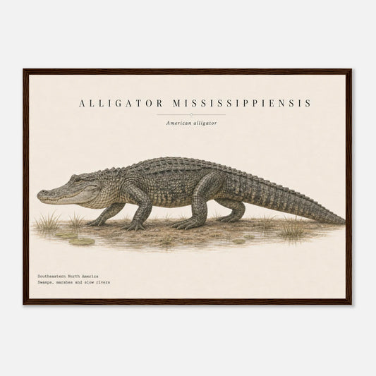 Affiche Alligator américain naturaliste paysage encadrée en bois foncé — illustration de l'alligator, mise en situation murale