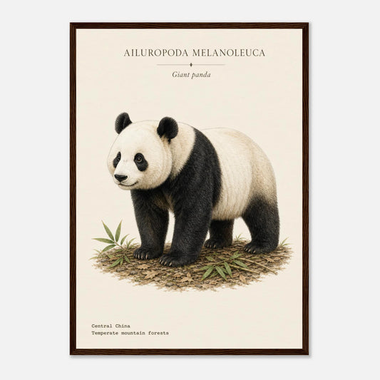 Affiche Panda géant naturaliste portrait encadrée en bois noir — illustration du panda géant, mise en situation murale