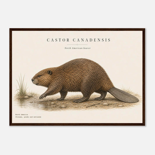 Affiche Castor du Canada naturaliste paysage encadrée en bois naturel — illustration du castor, mise en situation murale