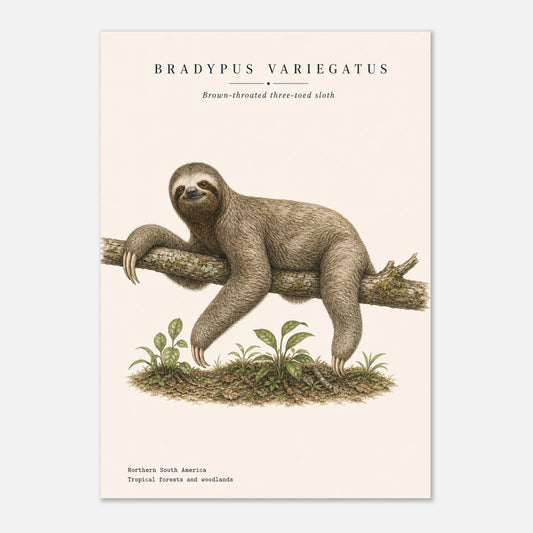 Affiche Paresseux à trois doigts naturaliste portrait – Papier qualité musée — illustration du paresseux sur fond ivoire