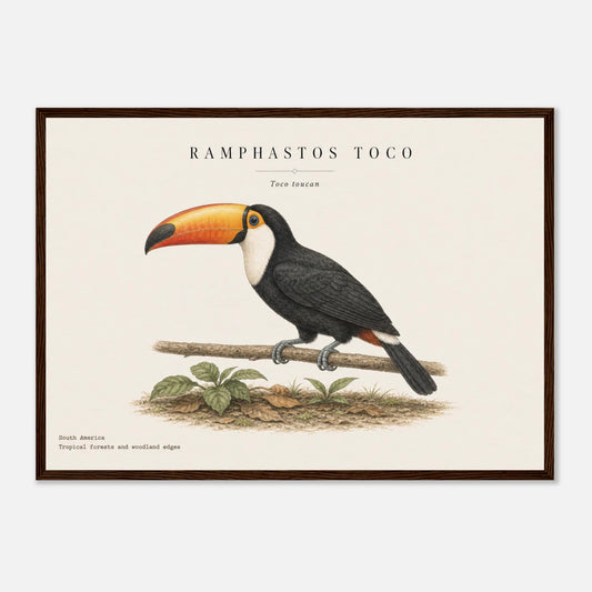 Affiche Toucan toco naturaliste paysage encadrée en bois blanc — illustration du toucan, mise en situation murale