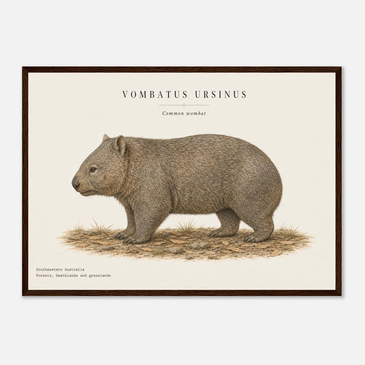 Affiche Wombat commun naturaliste paysage encadrée en bois foncé — illustration du wombat, mise en situation murale