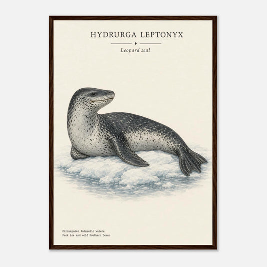 Affiche Léopard de mer naturaliste portrait encadrée en bois blanc — illustration du léopard de mer, mise en situation murale