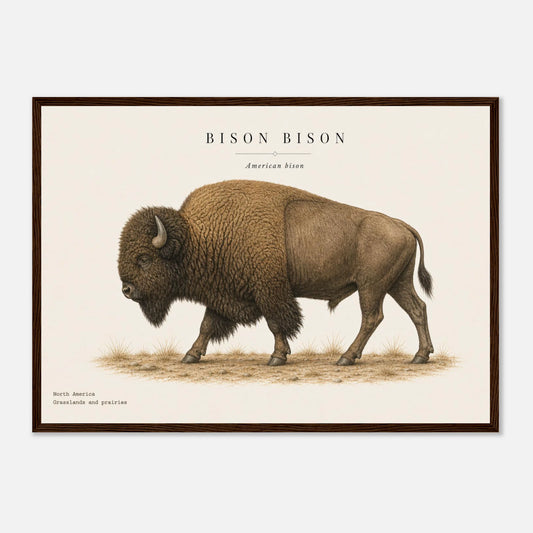 Affiche Bison naturaliste paysage encadrée en bois foncé — illustration du bison, mise en situation murale