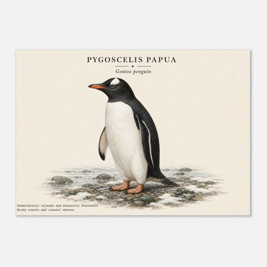 Affiche Manchot papou naturaliste paysage – Papier qualité musée — illustration du manchot sur fond ivoire