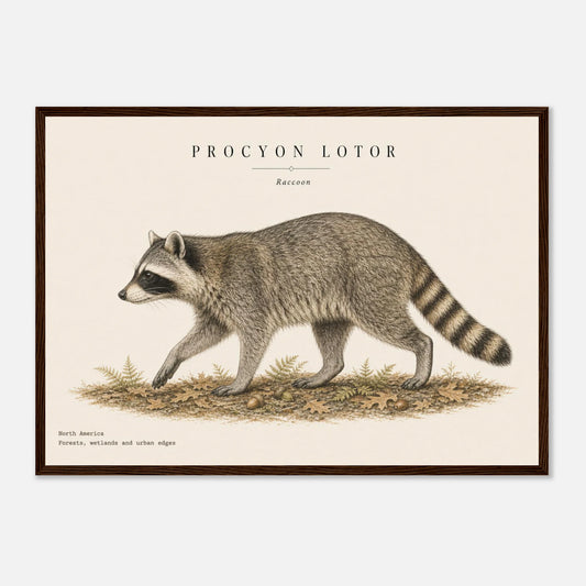 Affiche Raton laveur naturaliste paysage encadrée en bois naturel — illustration du raton laveur, mise en situation murale