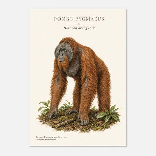 Affiche Orang-outan de Bornéo naturaliste portrait – Papier qualité musée — illustration de l'orang-outan sur fond ivoire