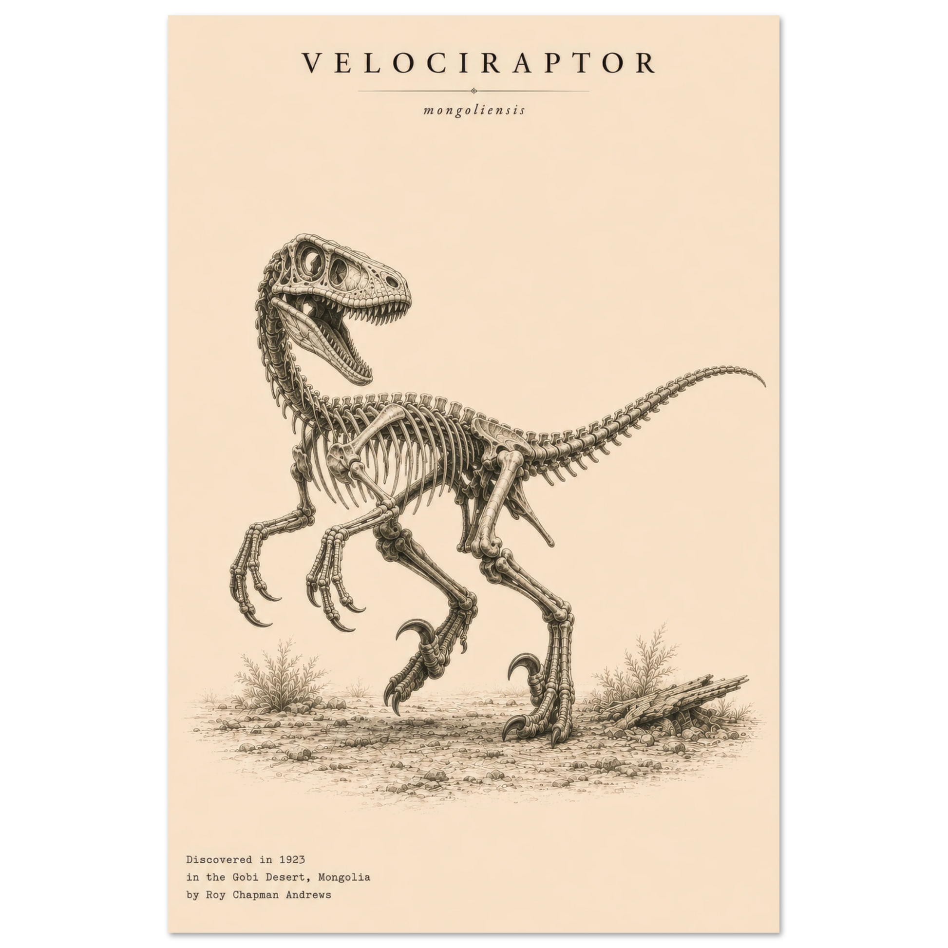 Affiche Vélociraptor squelette fossilisé portrait – Papier qualité musée — mise en situation