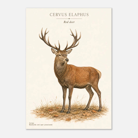 Affiche Cerf élaphe naturaliste portrait – Papier qualité musée — illustration du cerf élaphe sur fond ivoire