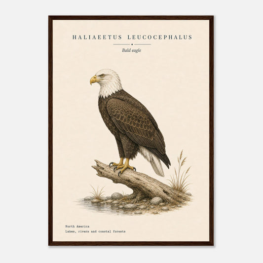 Affiche Pygargue à tête blanche naturaliste portrait encadrée en bois blanc — portrait du rapace, mise en situation murale