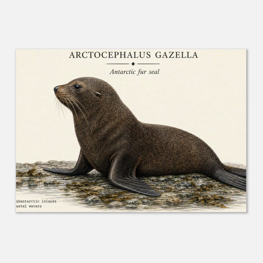 Affiche Otarie antarctique naturaliste paysage – Papier qualité musée — illustration de l'otarie sur fond ivoire