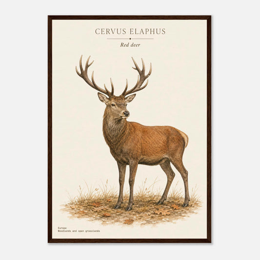 Affiche Cerf élaphe naturaliste portrait encadrée en bois blanc — illustration du cerf élaphe, mise en situation murale