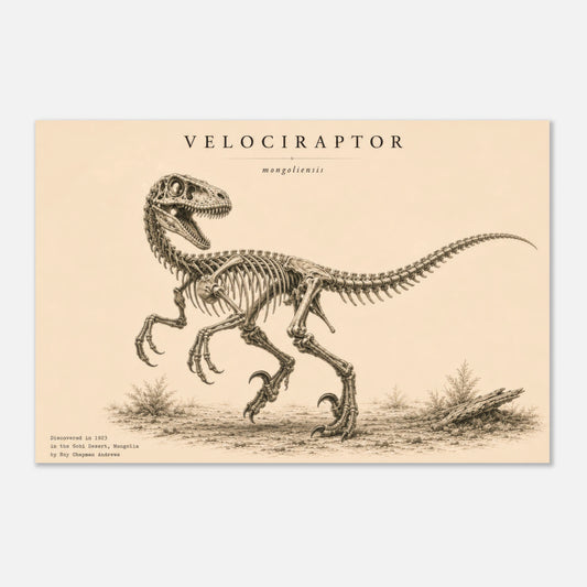 Affiche murale Vélociraptor squelette fossile, illustration Mûrale qualité musée