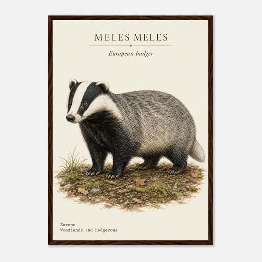 Affiche Blaireau européen naturaliste portrait encadrée en bois noir — illustration du blaireau, mise en situation murale