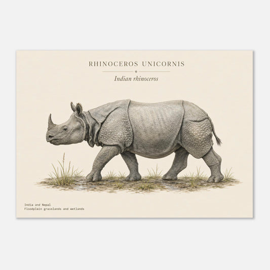 Affiche Rhinocéros indien naturaliste paysage – Papier qualité musée — illustration du rhinocéros indien sur fond ivoire