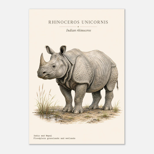 Affiche Rhinocéros indien naturaliste portrait – Papier qualité musée — illustration du rhinocéros sur fond ivoire