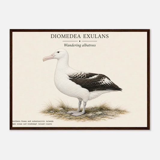 Affiche Albatros hurleur naturaliste paysage encadrée en bois noir — illustration de l'albatros, mise en situation murale