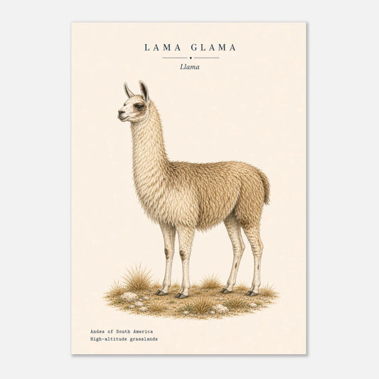 Affiche Lama naturaliste portrait – Papier qualité musée — illustration du lama sur fond ivoire