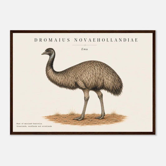 Affiche Émeu naturaliste paysage encadrée en bois naturel — illustration de l'émeu, mise en situation murale