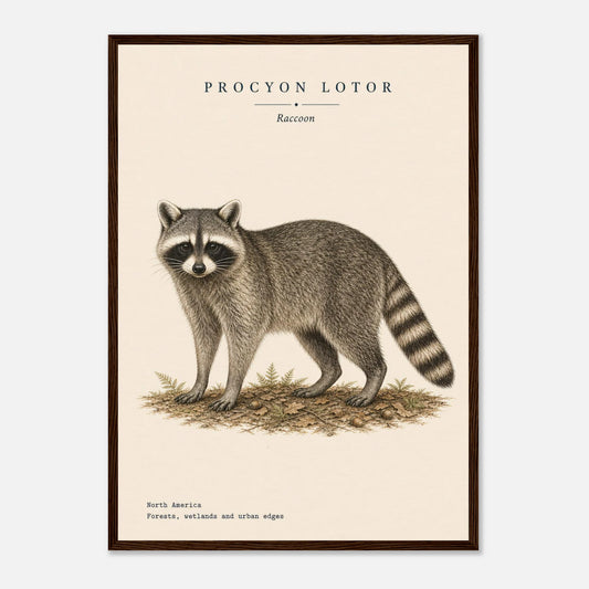 Affiche Raton laveur naturaliste portrait encadrée en bois blanc — illustration du raton laveur, mise en situation murale