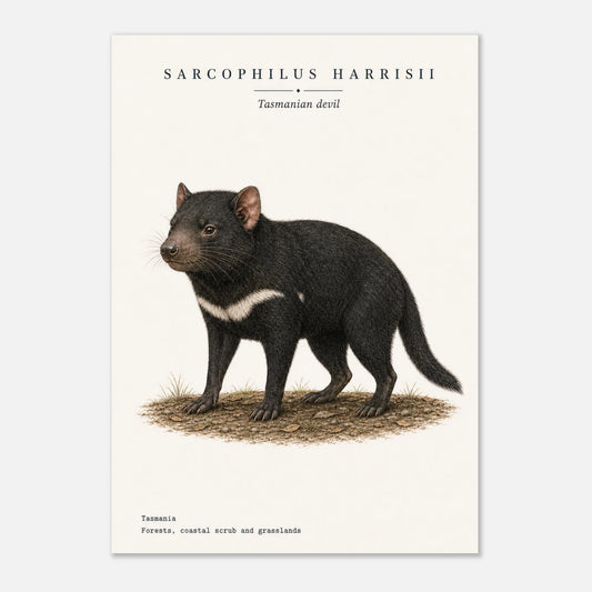 Affiche Diable de Tasmanie naturaliste portrait – Papier qualité musée — illustration du diable de Tasmanie sur fond ivoire