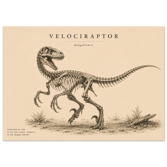Affiche murale Vélociraptor squelette fossile, illustration Mûrale qualité musée