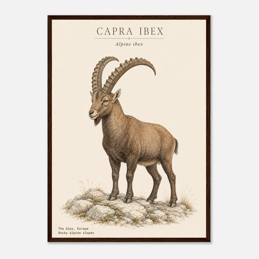 Affiche Bouquetin des Alpes naturaliste portrait encadrée en bois blanc — illustration du bouquetin, mise en situation murale