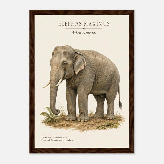 Affiche Éléphant d'Asie naturaliste portrait encadrée en bois noir — illustration de l'éléphant d'Asie, mise en situation murale