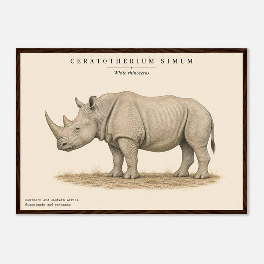Affiche Rhinocéros naturaliste paysage encadrée en bois naturel — illustration du rhinocéros, mise en situation murale