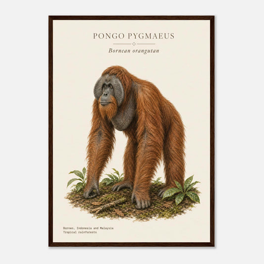Affiche Orang-outan de Bornéo naturaliste portrait encadrée en bois foncé — illustration de l'orang-outan, mise en situation murale