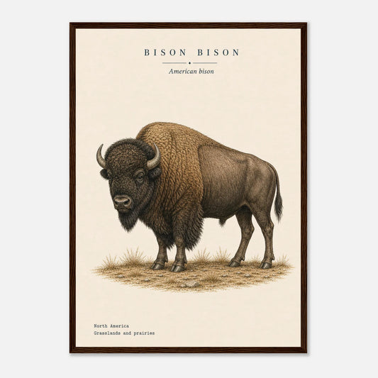 Affiche Bison naturaliste portrait encadrée en bois blanc — portrait du bison, mise en situation murale