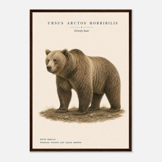 Affiche Grizzli naturaliste portrait encadrée en bois foncé — portrait du grizzli, mise en situation murale