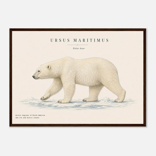 Affiche Ours polaire naturaliste paysage encadrée en bois blanc — illustration de l'ours polaire, mise en situation murale