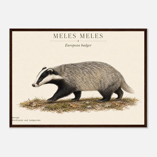 Affiche Blaireau européen naturaliste paysage encadrée en bois naturel — illustration du blaireau, mise en situation murale
