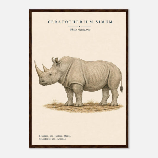 Affiche Rhinocéros naturaliste portrait encadrée en bois foncé — portrait du rhinocéros, mise en situation murale