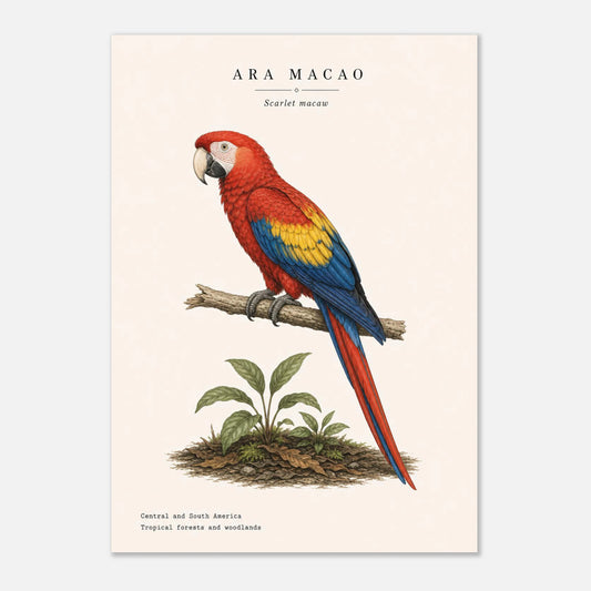 Affiche Ara rouge naturaliste portrait – Papier qualité musée — illustration de l'ara rouge sur fond ivoire