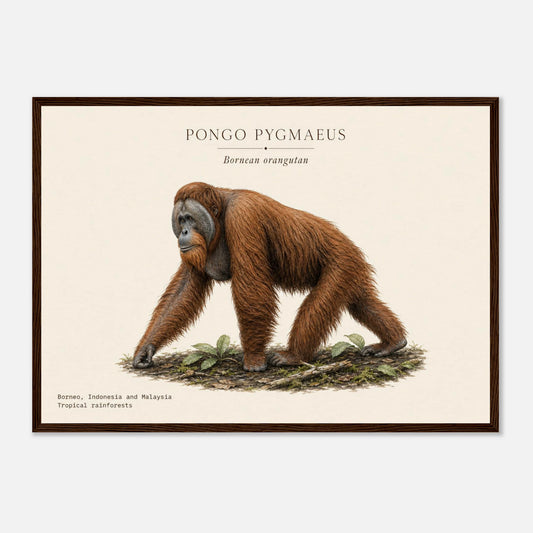 Affiche Orang-outan de Bornéo naturaliste paysage encadrée en bois foncé — illustration de l'orang-outan, mise en situation murale