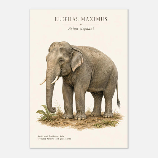 Affiche Éléphant d'Asie naturaliste portrait – Papier qualité musée — illustration de l'éléphant d'Asie sur fond ivoire