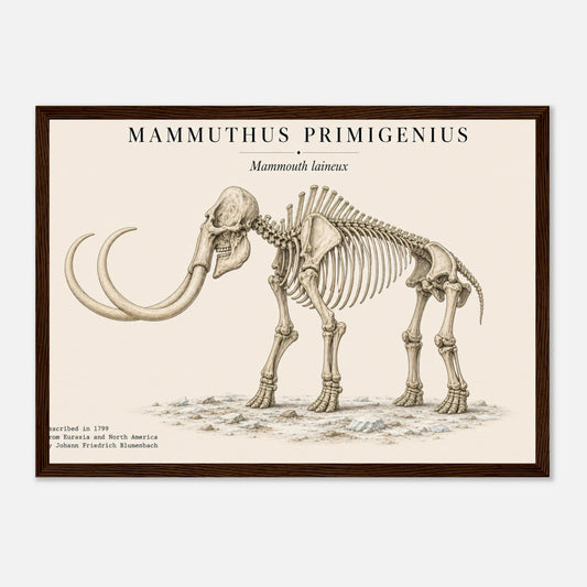 Affiche du squelette fossilisé de mammouth laineux en paysage, encadrée en bois