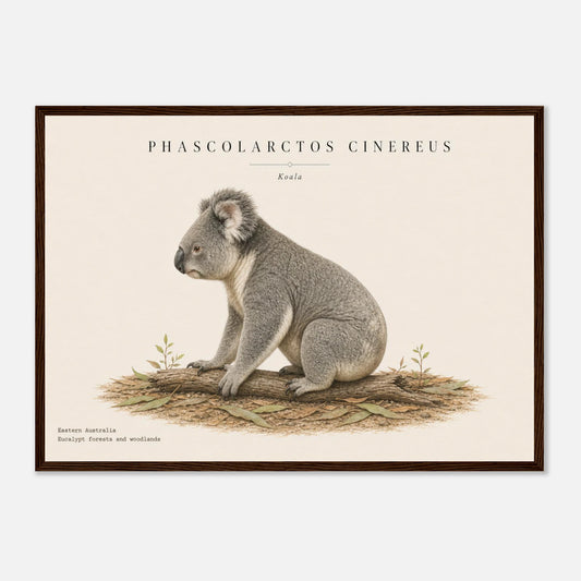 Affiche Koala naturaliste paysage encadrée en bois foncé — illustration du koala, mise en situation murale