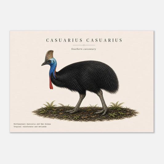 Affiche Casoar à casque naturaliste paysage – Papier qualité musée — illustration du casoar sur fond ivoire
