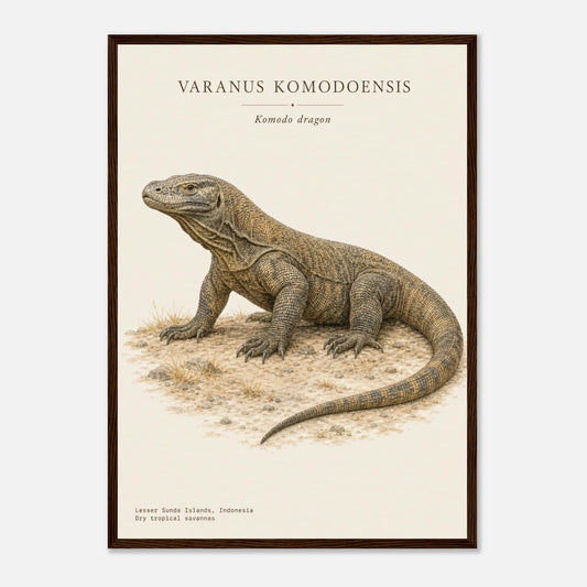 Affiche Dragon de Komodo naturaliste portrait encadrée en bois foncé — illustration du dragon de Komodo, mise en situation murale