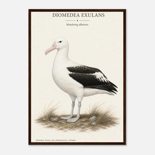 Affiche Albatros hurleur naturaliste portrait encadrée en bois blanc — illustration de l'albatros, mise en situation murale