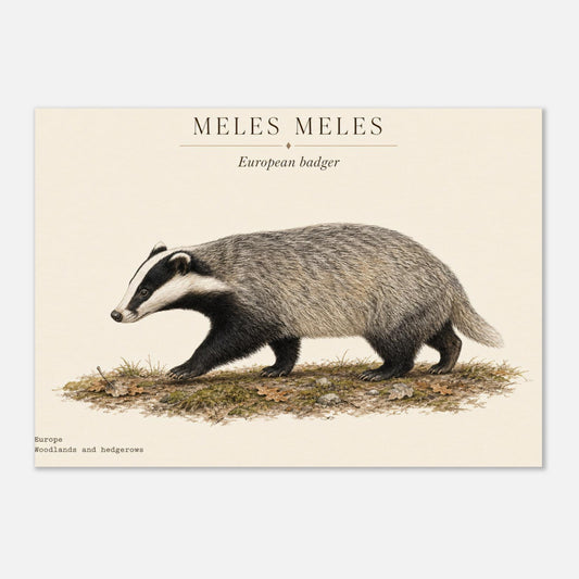 Affiche Blaireau européen naturaliste paysage – Papier qualité musée — illustration du blaireau sur fond ivoire