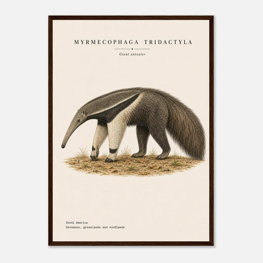 Affiche Fourmilier géant naturaliste portrait encadrée en bois foncé — illustration du fourmilier, mise en situation murale