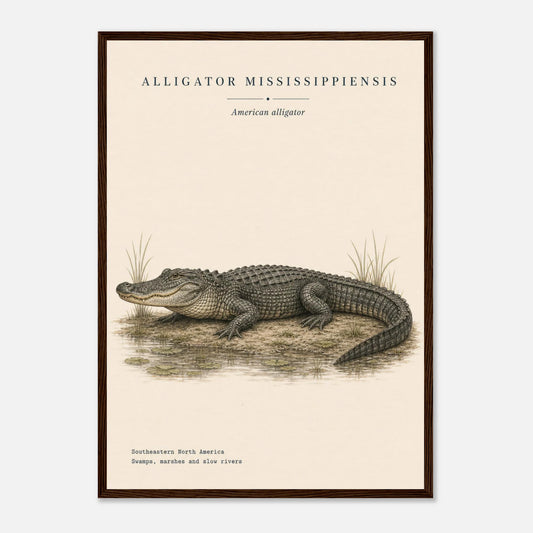 Affiche Alligator américain naturaliste portrait encadrée en bois naturel — portrait de l'alligator, mise en situation murale