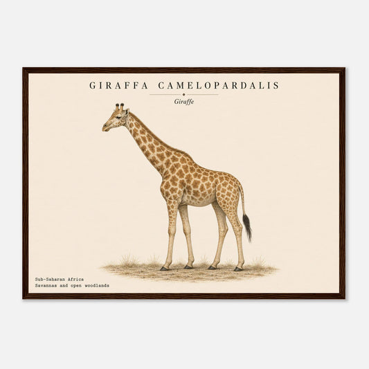 Affiche Girafe naturaliste paysage encadrée en bois foncé — illustration de la girafe, mise en situation murale